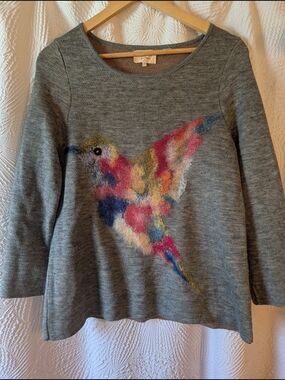 Anthropologie Starla M. Hoffman Grey Sweater with Colorful Hummingbird Motif